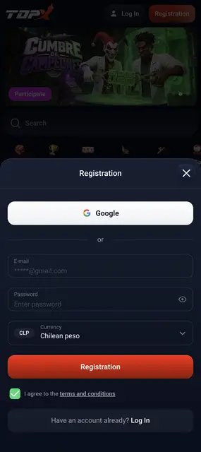 TopX en el móvil: alta de cuenta con moneda CLP y acceso con Google